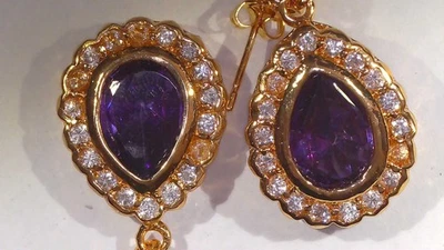 18K Yellow Gold Plate Faux Amethyst & Faux Diamond Halo Dangle Earrings - Image 1 of 4