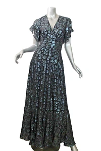 Womans BA&SH Gemma Maxi Ruffle Silk Jacquard Blend Lurex Metallic Maxi Dress XS - Picture 1 of 5