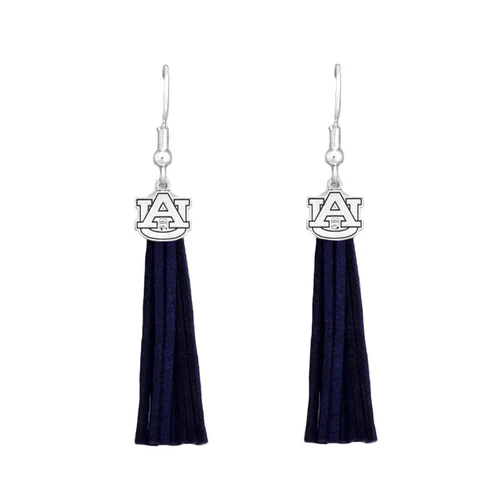 Auburn Tigers Blue Leather Tassel Silver Charm Earring Jewelry Alumni Grad Gift Cover