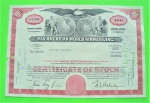 CERTIFICADO DE ACCIONES DE PAN AMERICAN AIRLINES AÑOS 70 ROJO PAN AM 100 acciones ORIG'L Xlnt - Imagen 1 de 4
