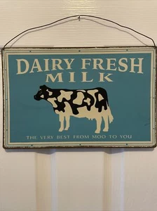 Vintage Dairy Fresh Cow Milk Metal Hanging Sign Kitchen - Picture 1 of 7
