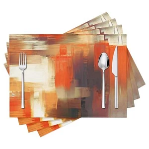 Modern Art Placemats Set Of 4 Orange Abstract Painting Place Mats Washable Linen - Picture 1 of 8