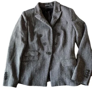 Express Double Breasted Blazer Jacket Womens Sz 4 Herringbone Tweed Black Gray - Picture 1 of 10