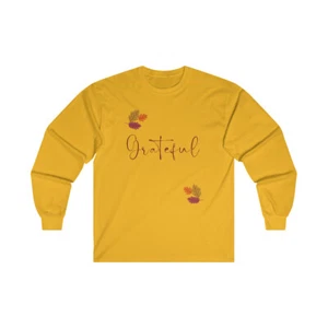 Holiday Cotton Long Sleeve Tee Grateful Thanksgiving Christmas T-Shirt Gift - Picture 1 of 11