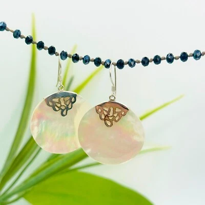 1.5" Round Mother of Pearl Shell 925 Sterling Silver Handmade Earring NEW DESIGN - Image 1 of 4