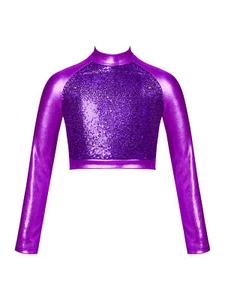 Kids Girls Crop Tops Long Sleeve Turtleneck Shirt Ballet Gymnastics Dancewear - Picture 1 of 265
