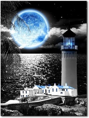 Coast Lighthouse Canvas Wall Art Blue Moon Wall Decor - Black White Decoration - Image 1 of 2