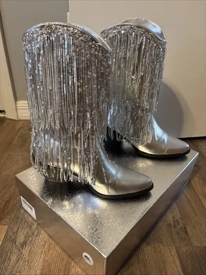 银色条纹女式流苏中筒靴 8 码牛仔音乐会 — 第 1/4 张图片