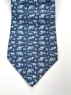 Corbata para hombre Salvatore Ferragamo 100 % seda azul elefante estampado animal hecha en Italia Foto 1 de 4