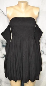 TOBI Black Smocked Bodice Dress Medium Attached Sleeves Off The Shoulder Lined - Picture 1 of 8