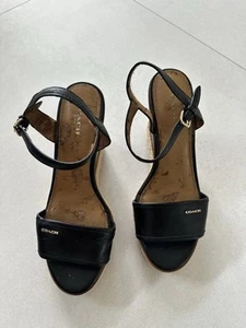 Coach Black Leather Wedge Sandal with Ankle Straps Size 8.5 - Picture 1 of 7