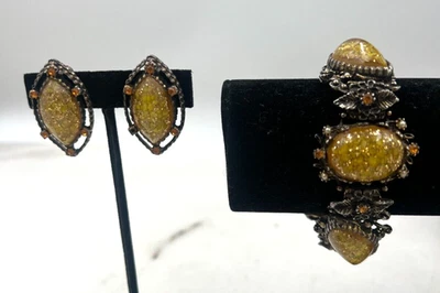 VTG Yellow Confetti Cabochon Bracelet Earring Set Rhinestone Chunky Clip-on Art - Image 1 of 4