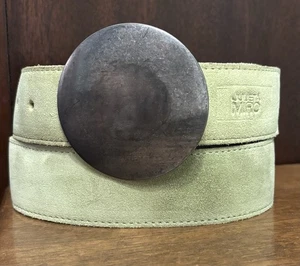 VTG Julieta Miro Green Suede Belt Sz 31-34 1-5/8”Wide Disk Bkl GUC - Picture 1 of 6