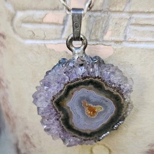 Geode Druzy Quartz Crystal Slice Pendant Necklace with Sterling Silver Chain - Picture 1 of 7