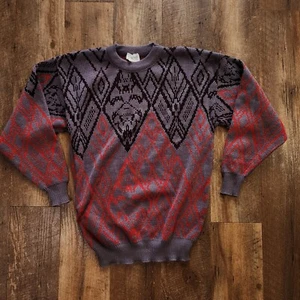 Unbranded Size Small Acrylic Knitted Sweater Made In Canada Gray Red Geometric - Picture 1 of 9
