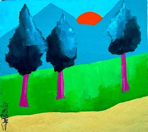 LANDSCAPE SUNSET COLORFUL upcycled CB 20 X 22 Painting SWARTZMILLER DNA SIGNED - Picture 1 of 12
