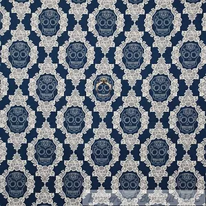 BonEful Fabric FQ Cotton Quilt Navy Blue White Rose Flower Skeleton Skull Damask - Picture 1 of 12
