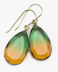 Watermelon Tourmaline Earrings Bicolor Yellow Green Teardrops Sterling 14k Gold - Picture 1 of 6