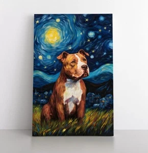 Lindo Pitbull Marrón Noche Estrellada Estilo Pintura al Óleo Impresión sobre Lienzo Mascota Perro Regalo - Imagen 1 de 12