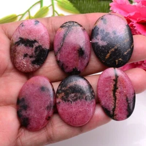 6 Pcs Natural Rhodonite 31mm-34mm Oval Cabochon Unheated Huge Loose Gemstones - Picture 1 of 9