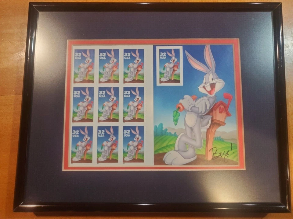 1 Looney Tunes stamp sheet- imperf MNH Bugs Bunny.  Matted & Framed.  - Image 1 of 2