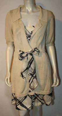 Cardigã e vestido de seda NANETTE LEPORE marfim preto cinza SS P 4 conjunto cinto  - Imagem 1 de 4