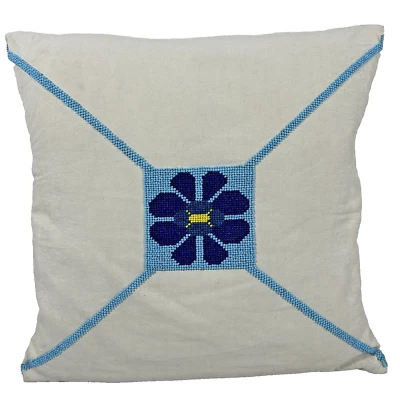 Pillow Cover Handmade Beaded Flower Design Blue 16X16 Boho Chic Muslin Unique - Image 1 of 4