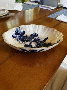 RARE DOULTON BUSLEM 12” Flow Blue Floral Oval Serving Bowl Gold Trim * MINT * - Picture 1 of 11