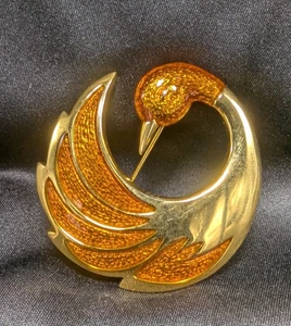 Spilla vintage Orena Paris cigno tono oro arancione ambra smalto intarsiato bellissima - Foto 1 di 5