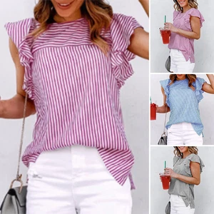 ZANZEA UK Women Ruffles Short Sleeve O Neck Tops Striped Shirts Slit Hem Blouse