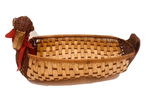 Vtg Wicker Rattan Goose Shaped Basket w Red Bow & Carved Wood Beak 15" Holidays Cover