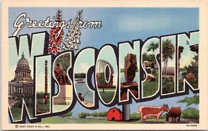 Carta grande saludos desde Wisconsin - 1939 postal de lino - Curt Teich - Imagen 1 de 2