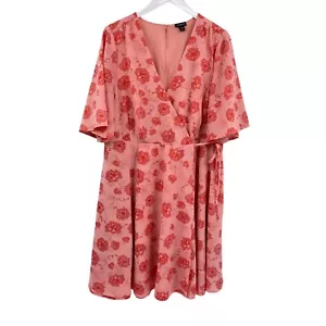 Torrid abito floreale Georgette avvolgente 18 corallo collo a V manica flutter lunghezza ginocchio - Foto 1 di 11