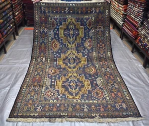 Blue Antique Afghan Baluchi Persian Tribal Rug 4x6 Handmade Oriental Wool Carpet - Picture 1 of 12