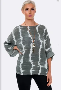 MADE IN ITALY Grey Tunic Top Tie Dye Print Boxy Free Necklace One Size 12-18 NWT - Picture 1 of 5