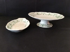 ancien compotier et ravier porcelaine anglaise signer England guirlande verte - Imagen 1 de 21