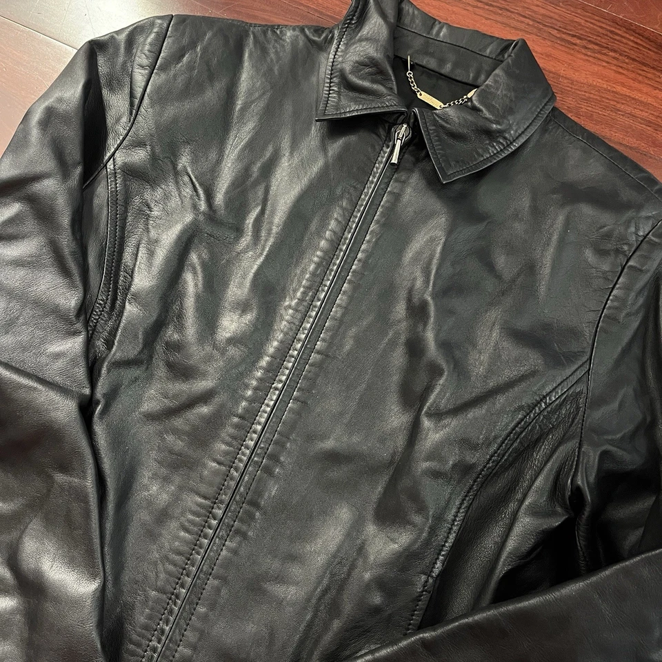 Chaqueta de cuero negra para mujer Noi Firenze Italia talla 46 cremallera Moto Y2K minimalista Foto 1 de 4