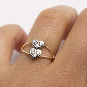 Double Heart Ring Solid 10K Yellow White Gold Size 7 - Picture 1 of 5