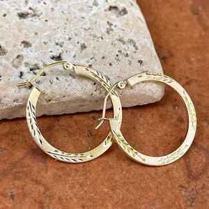 10KT Yellow Gold Etched 1.5MM Diamond-Cut Design Hoop Earrings Small Size 25MM - Picture 1 of 9