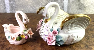 Vintage Lefton Porzellan Schwan Blume Frosch + 1 applizierte Blumen Goldakzente - Bild 1 von 16