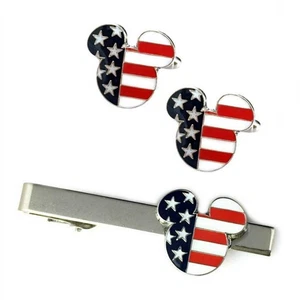 MICKEY MOUSE OHREN MANSCHETTENKNÖPFE KRAWATTENKLAMMER SET Sterne und Streifen USA Flagge mit Geschenktüte - Bild 1 von 7