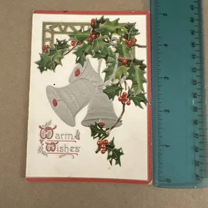 Vintage Made In Saxony Weihnachtskarte Grüße Silber Glocken Grün Stechpalme - Bild 1 von 3