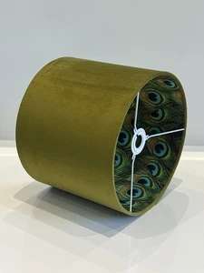 New Olive Green Peacock Feathers Print Drum Lamp Shade 30 X 25cm H - Picture 1 of 2