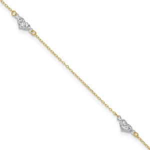 14k Bicolor Gold Poliert Diamantschliff Dreifach Herzen Fußkettchen 9" mit 1 Zoll Ext. - Bild 1 von 7