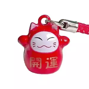 Red Maneki Neko Lucky Cat Bell Charm Strap - Protection from Evil & Illness - Picture 1 of 3