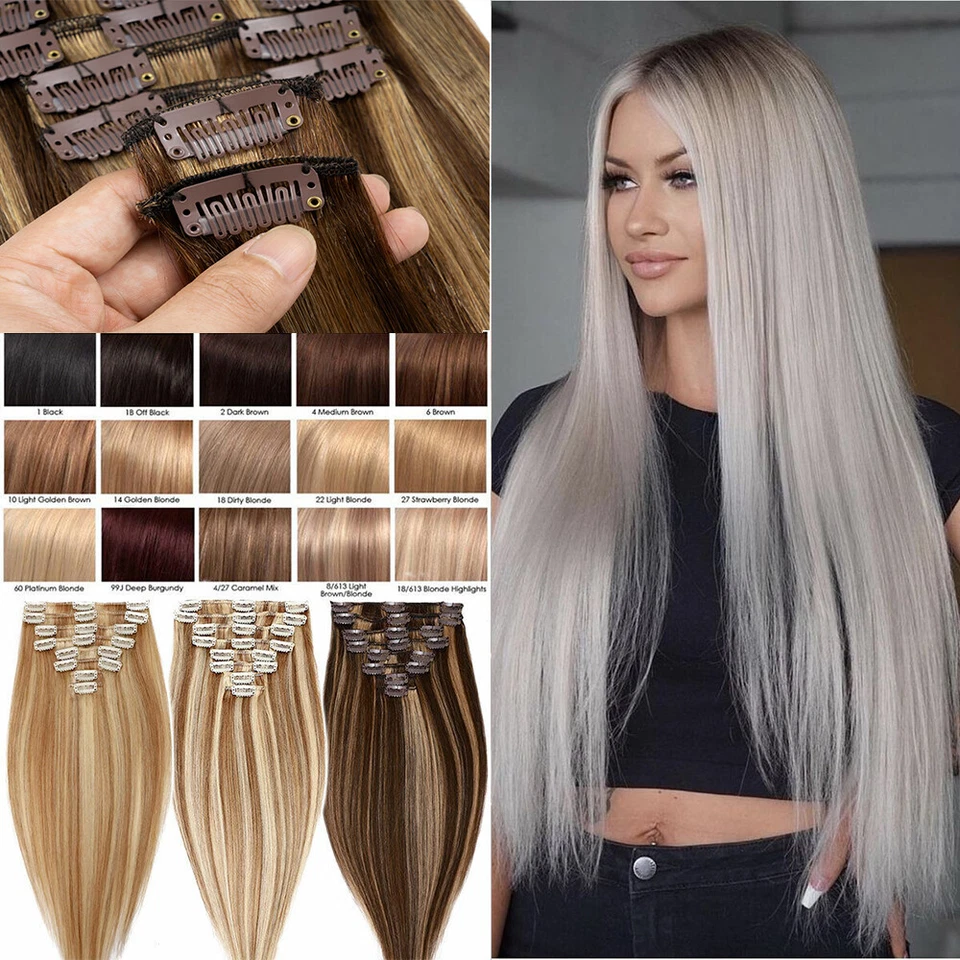 ELAILITE CLEARANCE 100% Real Clip In Human Hair Extensions Remy Hair Weft Full Head BLOND