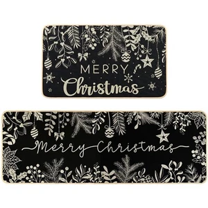 Christmas Kitchen Rugs Set of 2 Black Xmas Kitchen Mats for Winter Floor Deco... - Picture 1 of 7