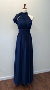 Mac Duggal Ieena Maxi Gown Dress Womens Size 4 Navy Blue High Neck Bow Pleated - Picture 1 of 7