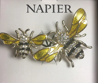 Napier Honey Queen Bee Duo Brooch Pin EUC NIB NOS Jeweled Enameled Silver Tone - Image 1 of 4