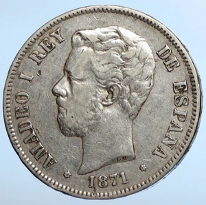 1871 SPAIN w King Amadeo I Amadeus Antique Silver 5 Pesetas Spanish Coin i111227 - Picture 1 of 3